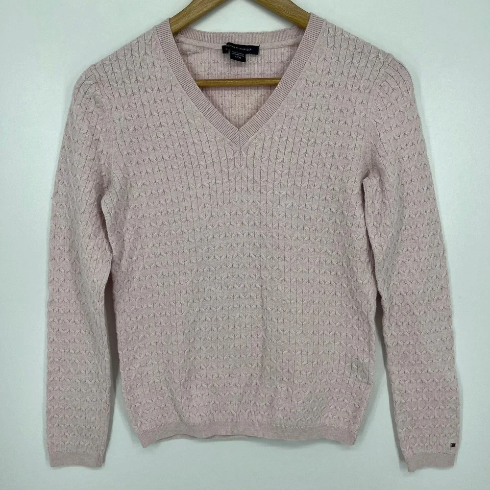 Tommy Hilfiger Womens V-Neck Cable Knit Pink Cotton Blend Sweater Small